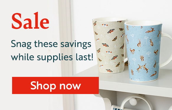 Photo of two latter mugs with nature-themed motifs. There is overlaid text with a call to action to shop new products added to the summer sale. 