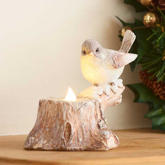 Bird on snowy stump light-up ornament product photo side L