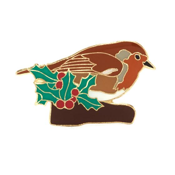 RSPB Christmas robin with holly pin badge product photo default L