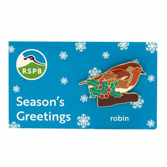 RSPB Christmas robin with holly pin badge product photo side L