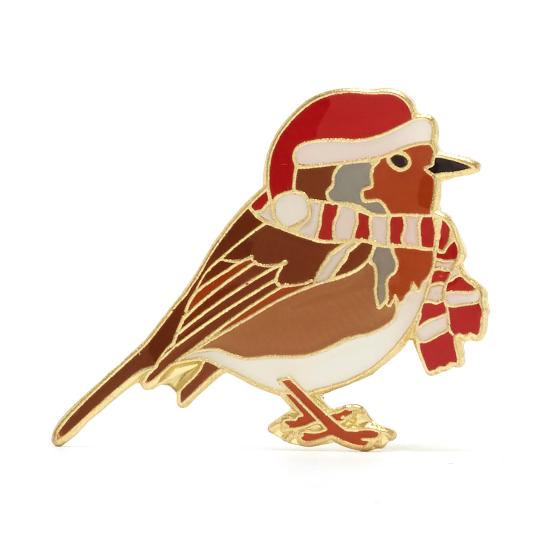 RSPB Christmas robin with hat and scarf pin badge product photo default L