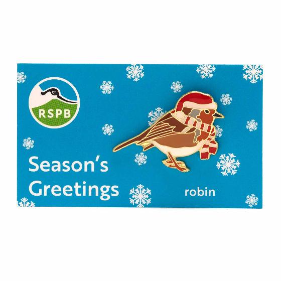 RSPB Christmas robin with hat and scarf pin badge product photo side L