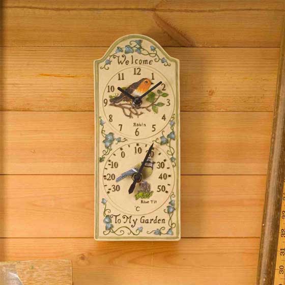 Garden bird wall clock and thermometer product photo back L