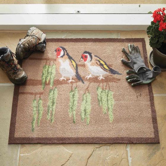 RSPB Goldfinch and catkin recycled doormat product photo side L