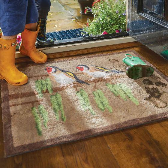 RSPB Goldfinch and catkin recycled doormat product photo back L