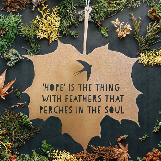 'Hope is the thing with feathers' gold leaf ornament product photo back L