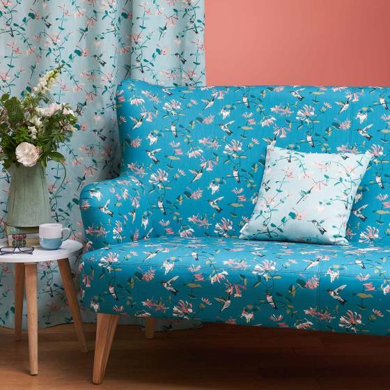 Lorna Syson fabric, teal hummingbird product photo side L