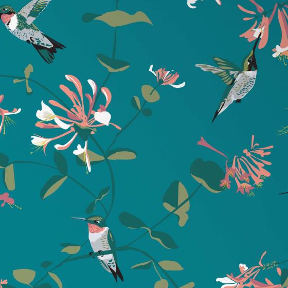 Lorna Syson fabric, teal hummingbird product photo default L