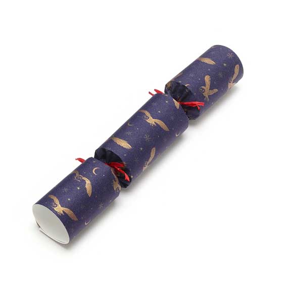 Moonlit owl recycled Christmas crackers with wooden tree decorations, 2 boxes of six product photo front L