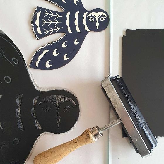 Hand-printed midnight blue Owl hanging decoration product photo side L