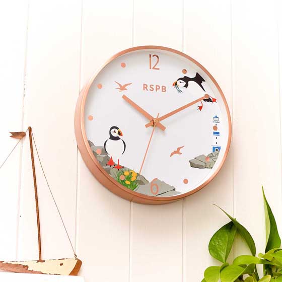 RSPB Puffins and lighthouse wall clock product photo ai6 L