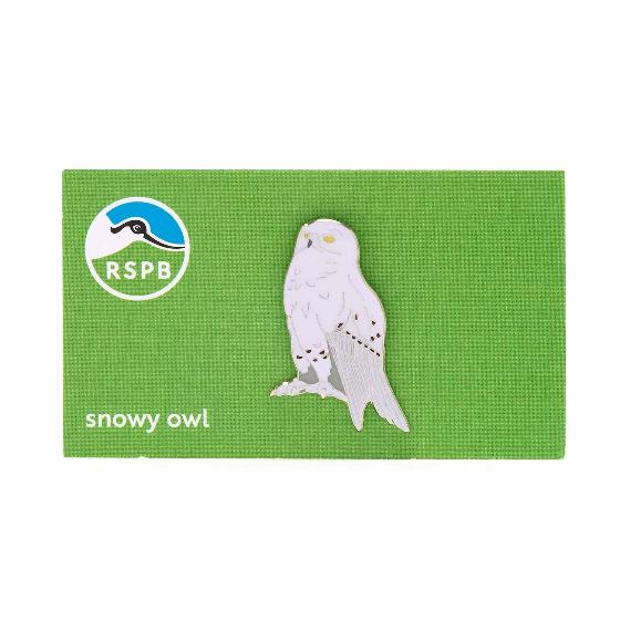 RSPB Snowy owl pin badge product photo side L