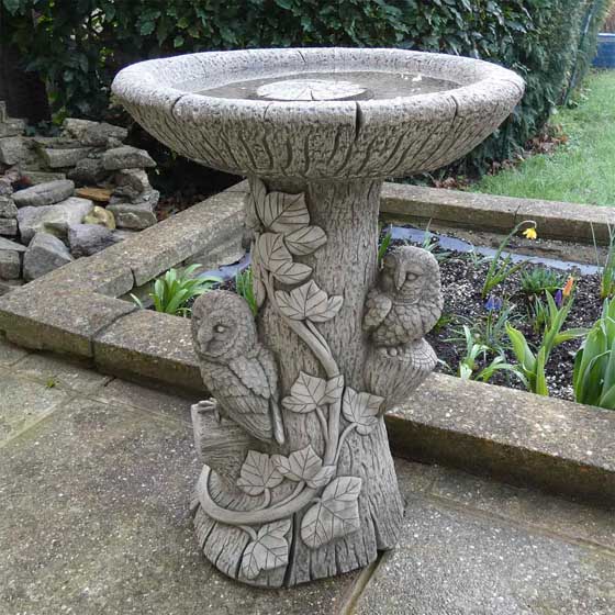 Twin owl cast stone bird bath - Stone bird baths