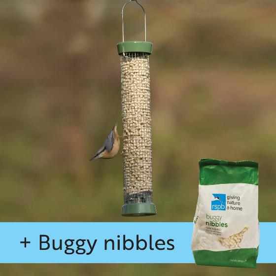 RSPB Ultimate easy-clean® nut & nibble bird feeder, medium, with 1kg buggy nibbles product photo default L
