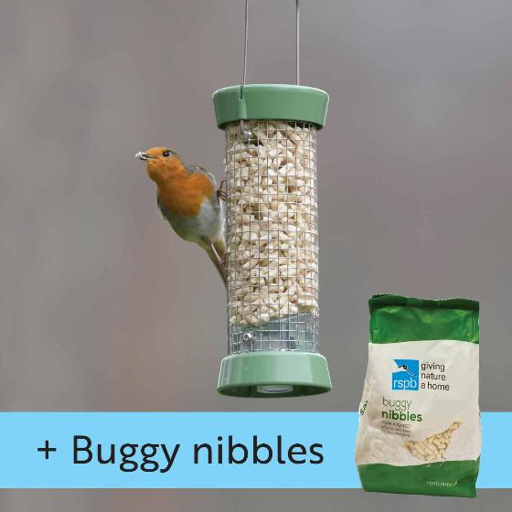 RSPB Ultimate easy-clean® nut & nibble bird feeder, small, with 1kg buggy nibbles product photo default L