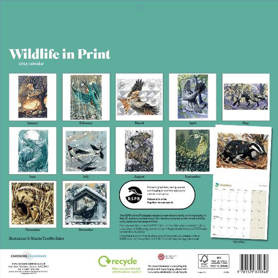 RSPB Wildlife in print linocut calendar 2025 product photo back L