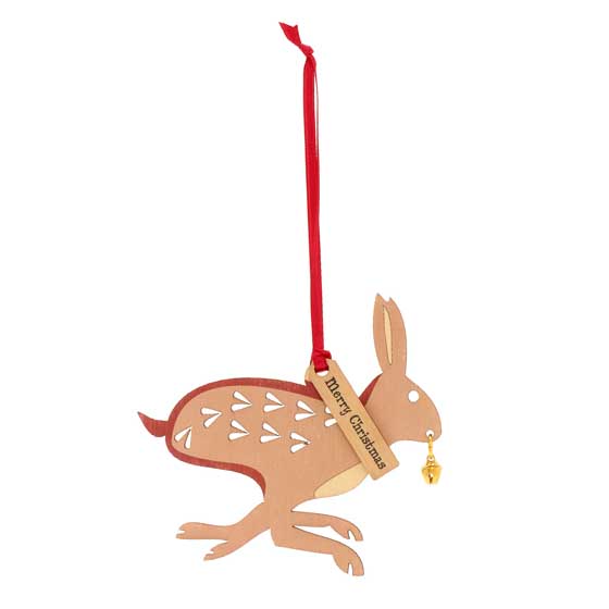 Wooden Hare with bell Christmas tree decoration product photo side L