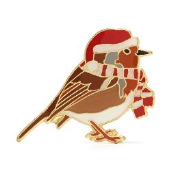 RSPB Christmas robin with hat and scarf pin badge product photo