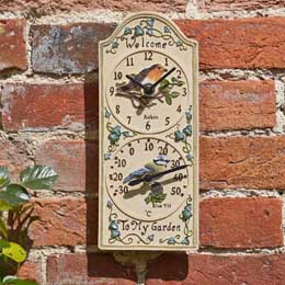 Garden bird wall clock and thermometer product photo