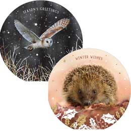 Winter creatures owl and hedgehog Christmas cards, pack of 10 (2 designs) product photo