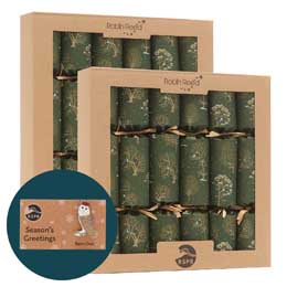 Winter trees recycled crackers with pin badges, 2x boxes of six product photo