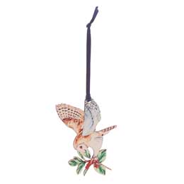 Illustrated wooden Barn Owl Christmas tree decoration product photo